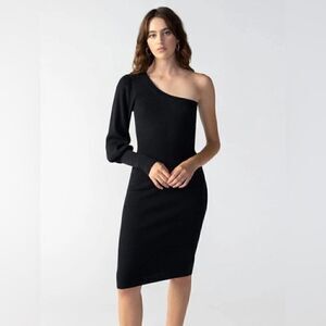 Sanctuary Women's One-Shoulder Puff-Sleeve Ribbed MIDI Black Sweater Dress M